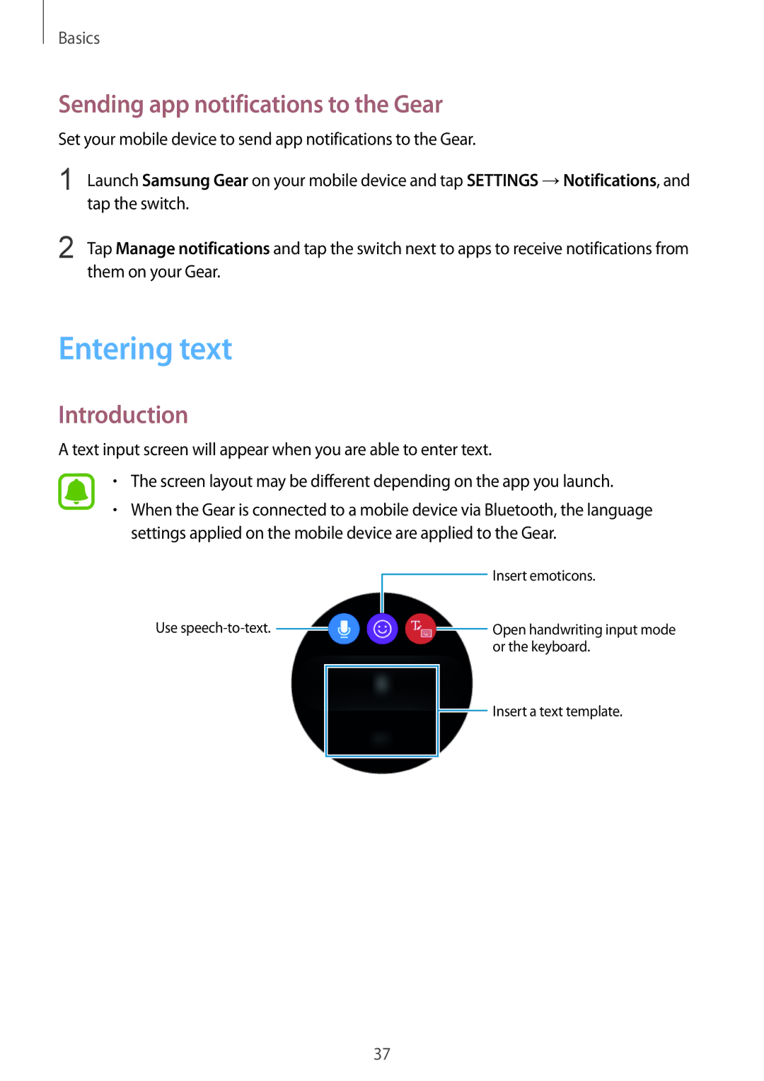 Samsung SM-R770NZSAKSA, SM-R770NZSAXJP, SM-R770NZSAXXV Entering text, Sending app notifications to the Gear, Introduction 