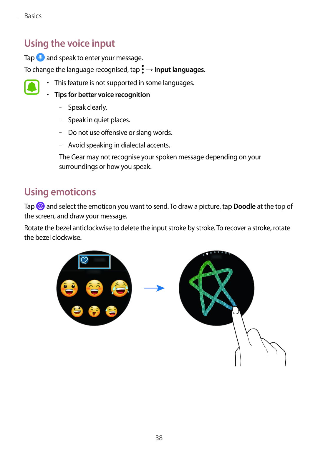 Samsung SM-R770NZSAXXV, SM-R770NZSAXJP manual Using the voice input, Using emoticons, Tips for better voice recognition 