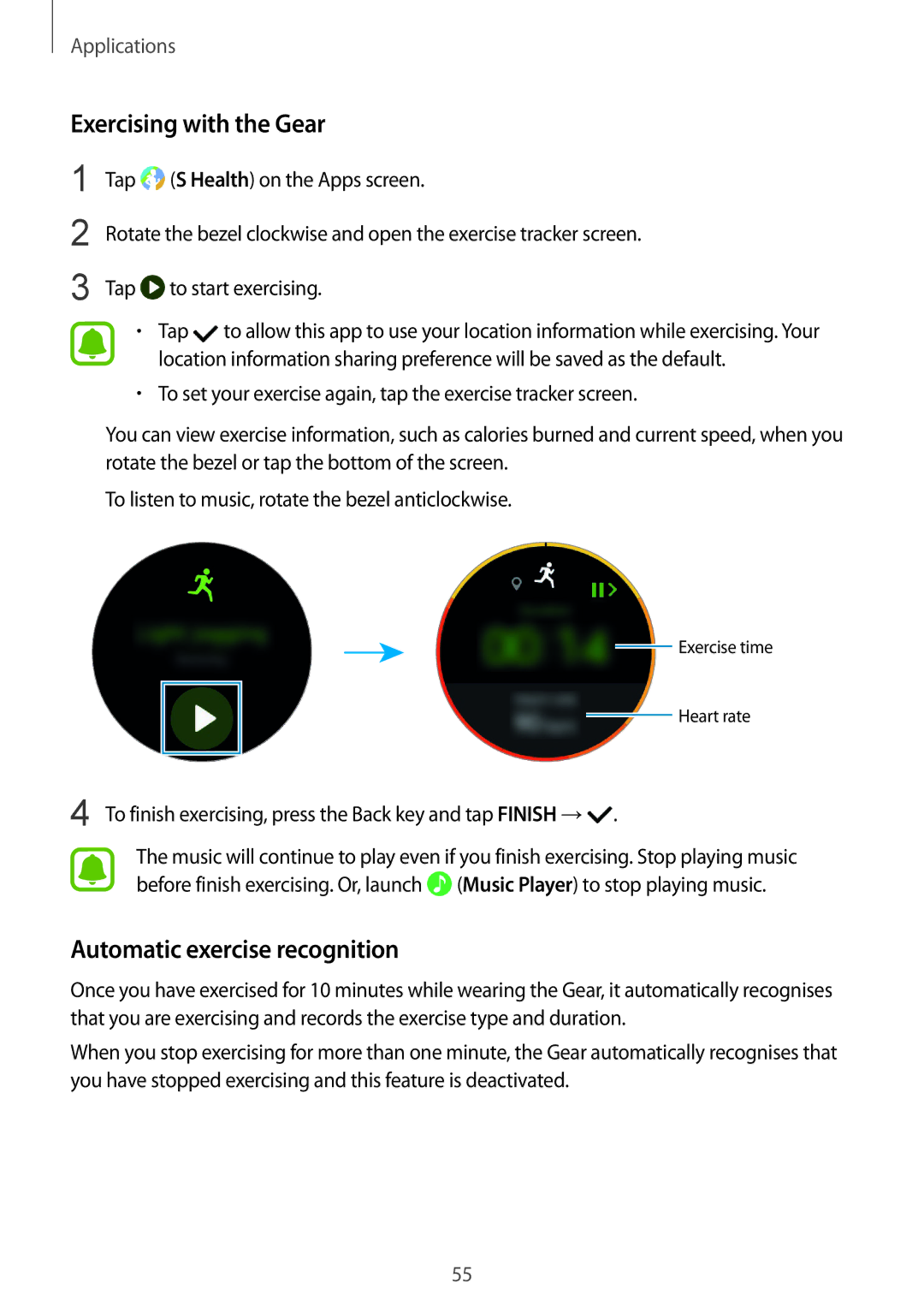 Samsung SM-R770NZSAILO, SM-R770NZSAXJP, SM-R770NZSAKSA manual Exercising with the Gear, Automatic exercise recognition 
