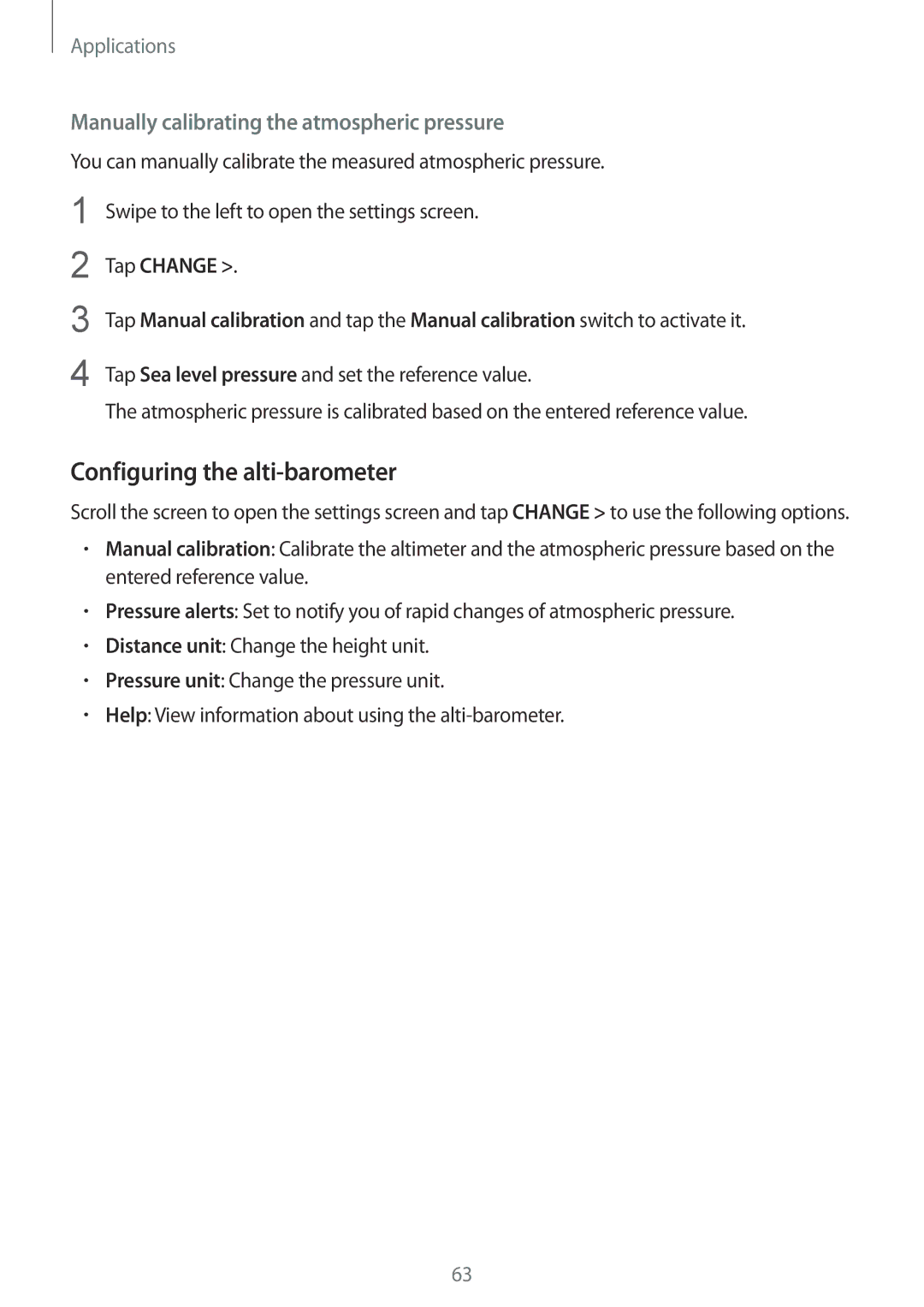 Samsung SM-R770NZSAILO, SM-R770NZSAXJP manual Configuring the alti-barometer, Manually calibrating the atmospheric pressure 