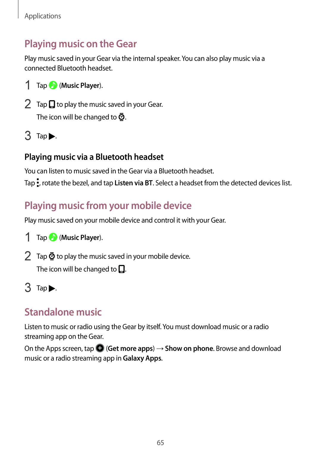 Samsung SM-R770NZSAKSA, SM-R770NZSAXJP Playing music on the Gear, Playing music from your mobile device, Standalone music 