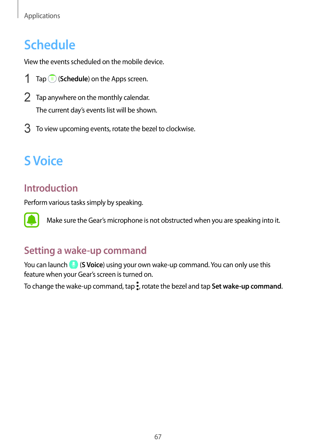 Samsung SM-R770NZSAILO Schedule, Voice, Setting a wake-up command, To view upcoming events, rotate the bezel to clockwise 