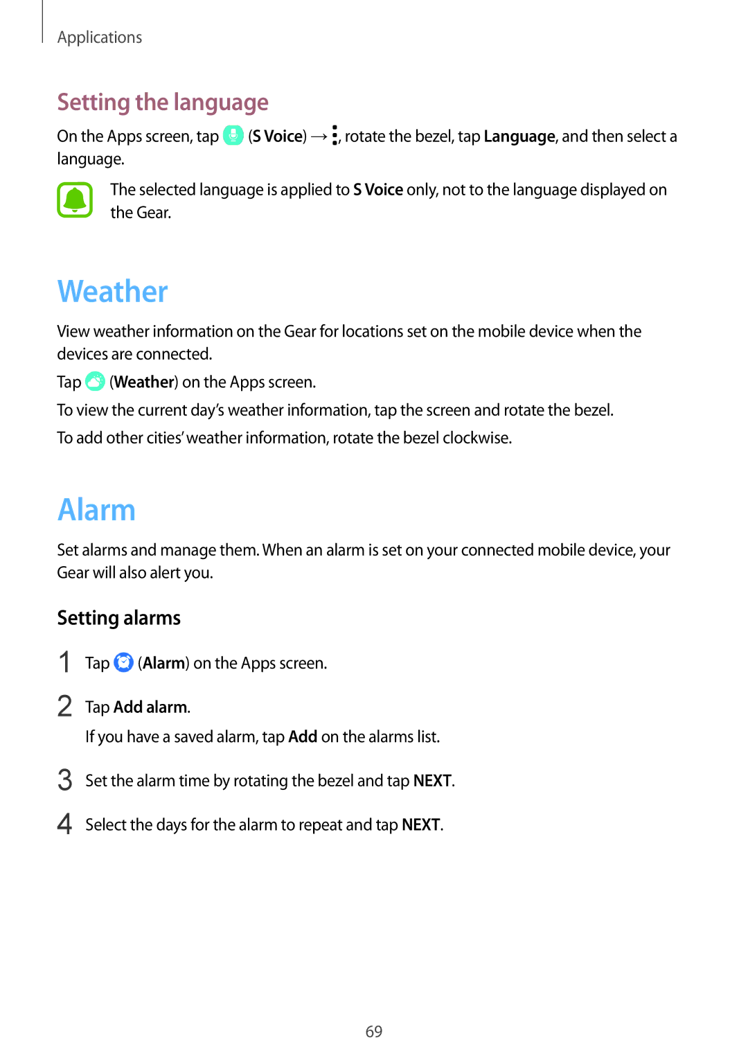 Samsung SM-R770NZSAKSA, SM-R770NZSAXJP, SM-R770NZSAXXV Weather, Alarm, Setting the language, Setting alarms, Tap Add alarm 