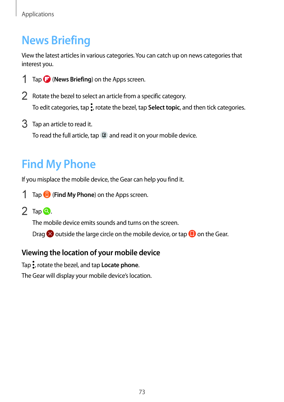 Samsung SM-R770NZSAKSA, SM-R770NZSAXJP manual News Briefing, Find My Phone, Viewing the location of your mobile device 