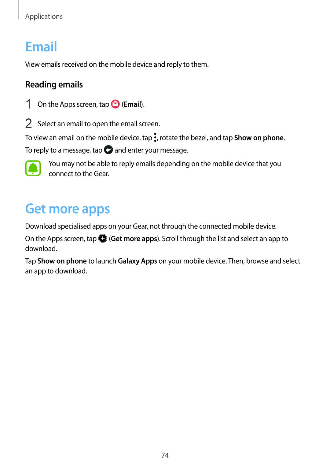 Samsung SM-R770NZSAXXV manual Get more apps, Reading emails, View emails received on the mobile device and reply to them 