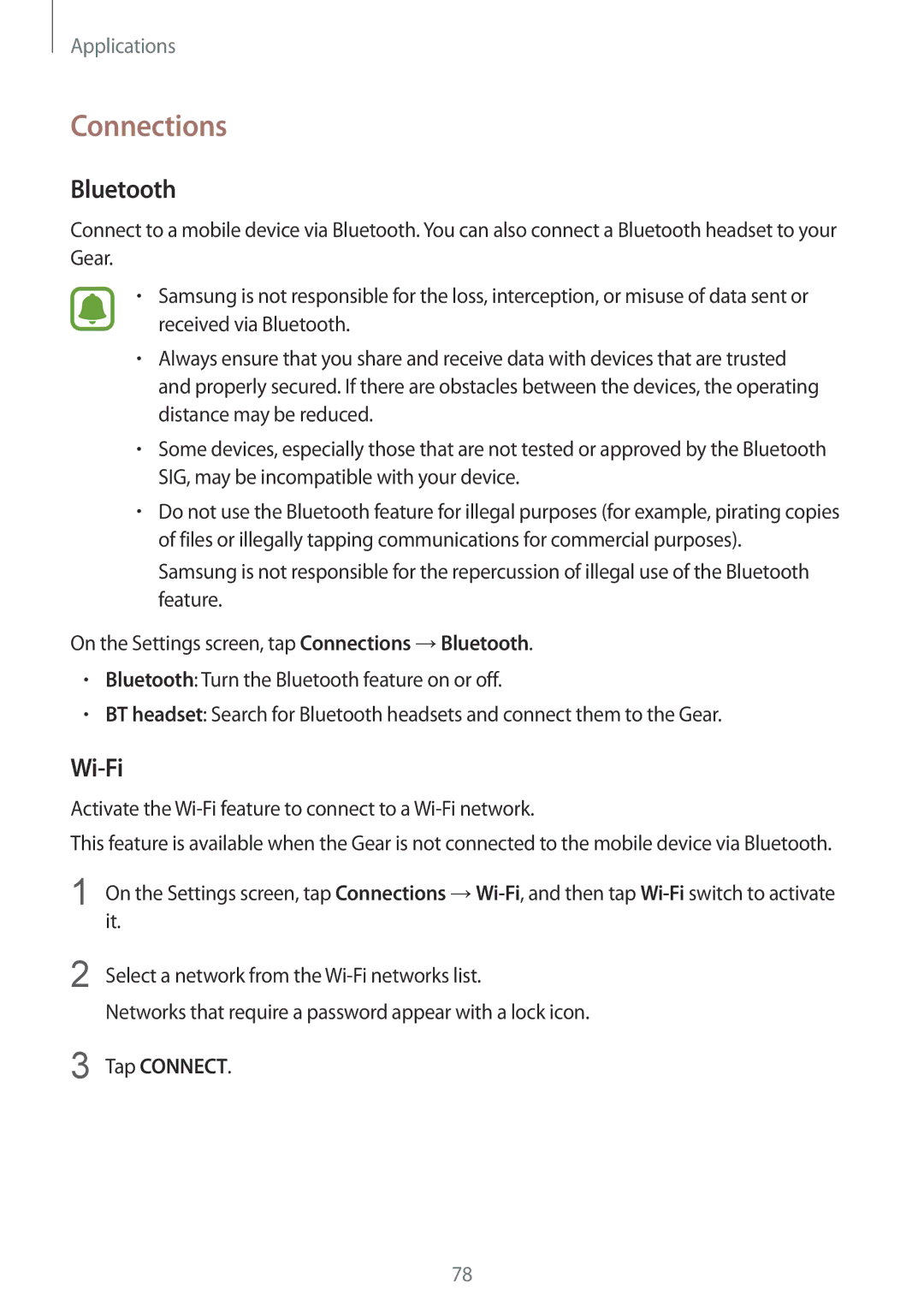 Samsung SM-R770NZSAXXV, SM-R770NZSAXJP, SM-R770NZSAKSA, SM-R770NZSAILO manual Connections, Bluetooth, Wi-Fi, Tap Connect 