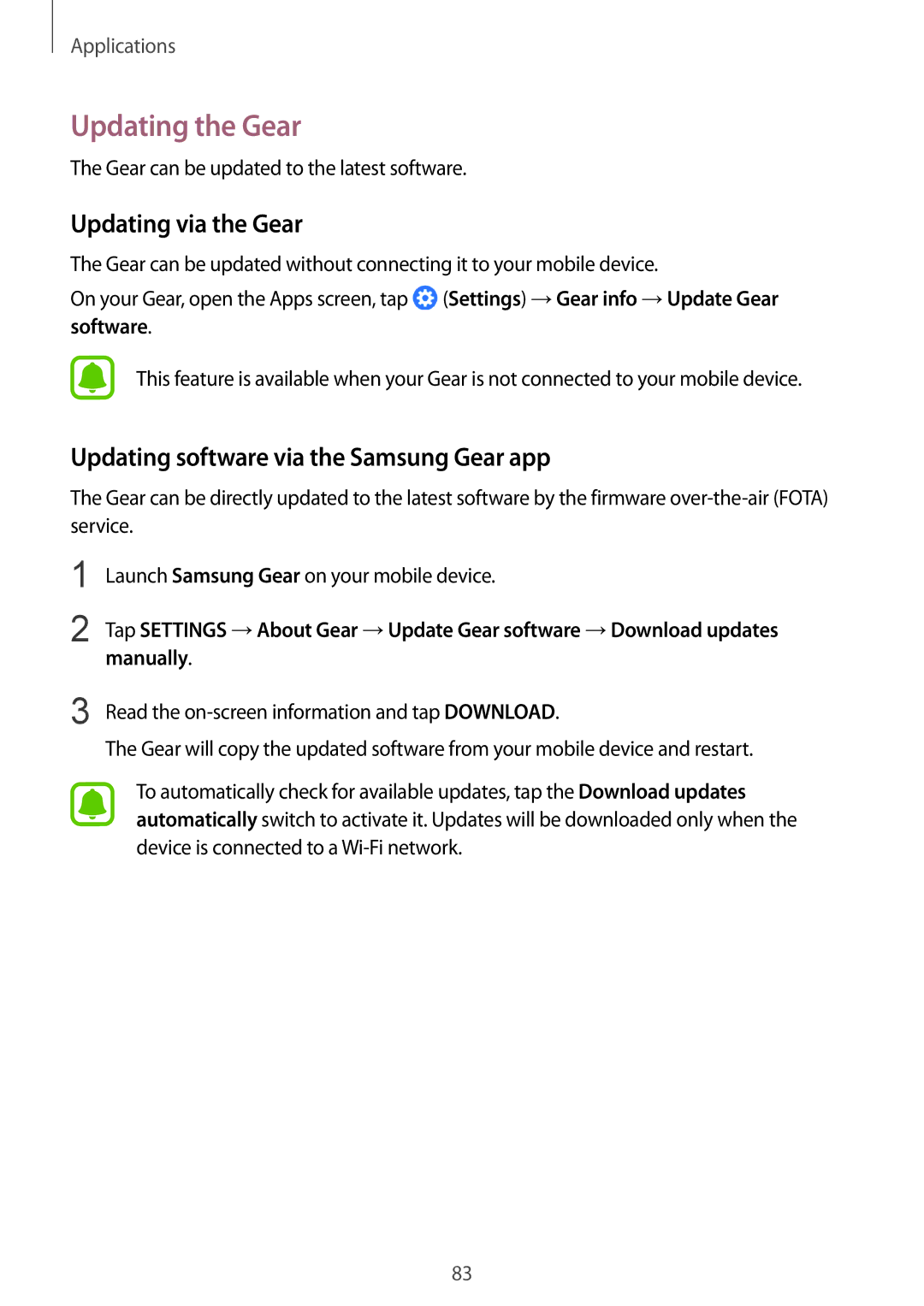 Samsung SM-R770NZSAILO Updating the Gear, Updating via the Gear, Updating software via the Samsung Gear app, Manually 