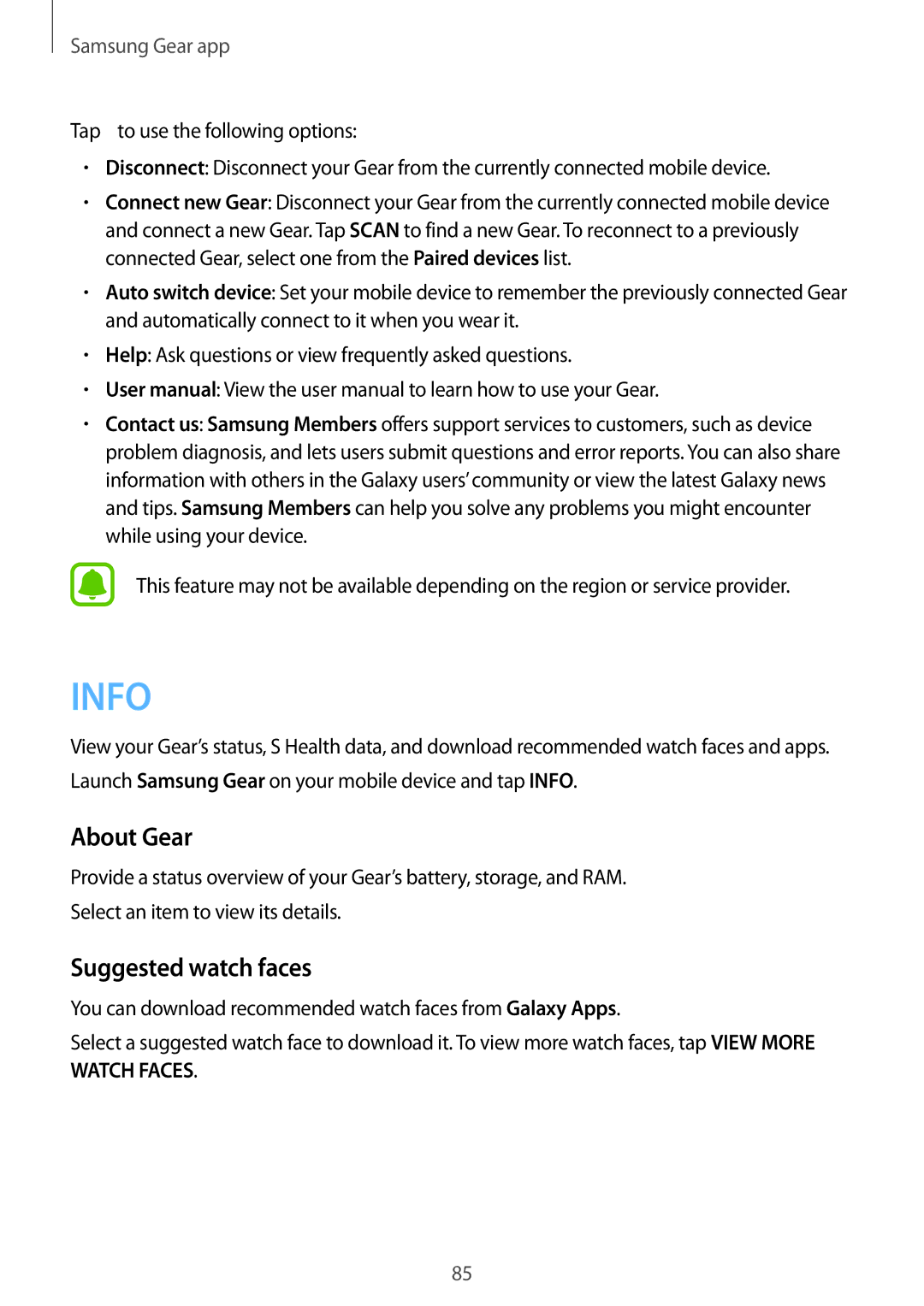 Samsung SM-R770NZSAKSA manual About Gear, Suggested watch faces, You can download recommended watch faces from Galaxy Apps 