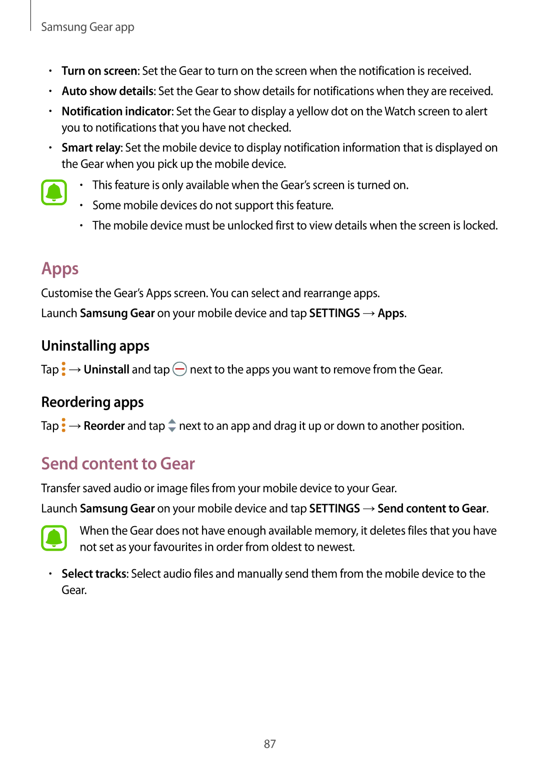 Samsung SM-R770NZSAILO, SM-R770NZSAXJP, SM-R770NZSAKSA manual Apps, Send content to Gear, Uninstalling apps, Reordering apps 