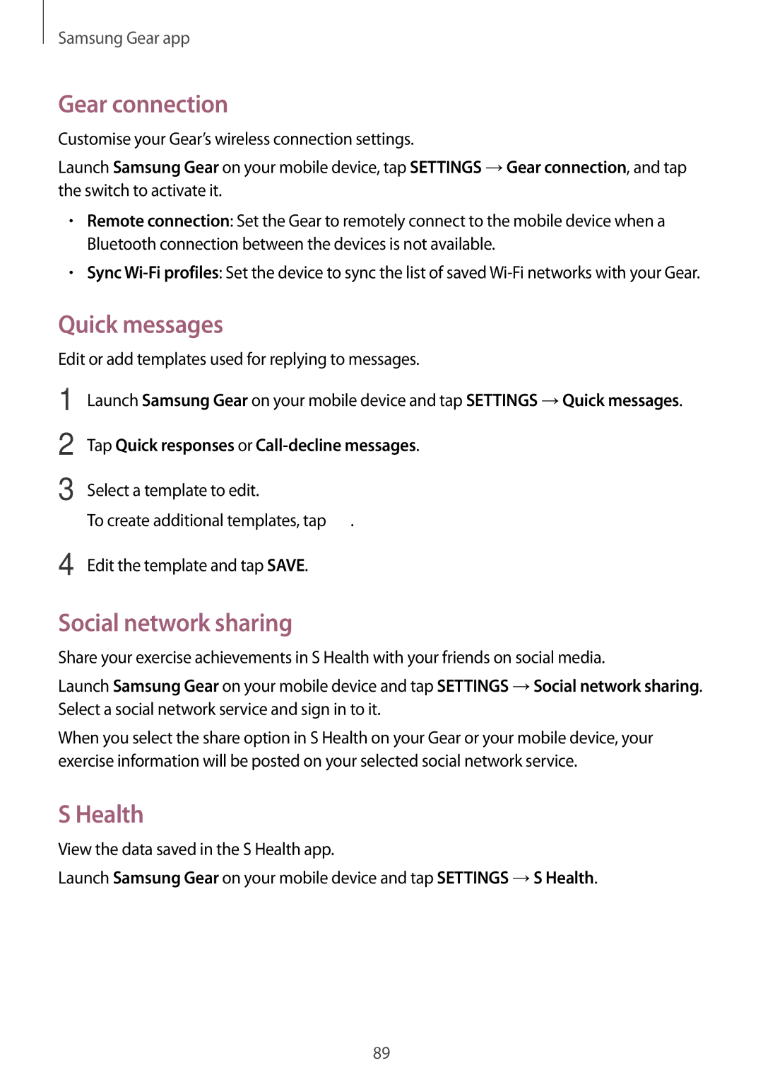 Samsung SM-R770NZSAKSA, SM-R770NZSAXJP, SM-R770NZSAXXV manual Gear connection, Quick messages, Social network sharing, Health 