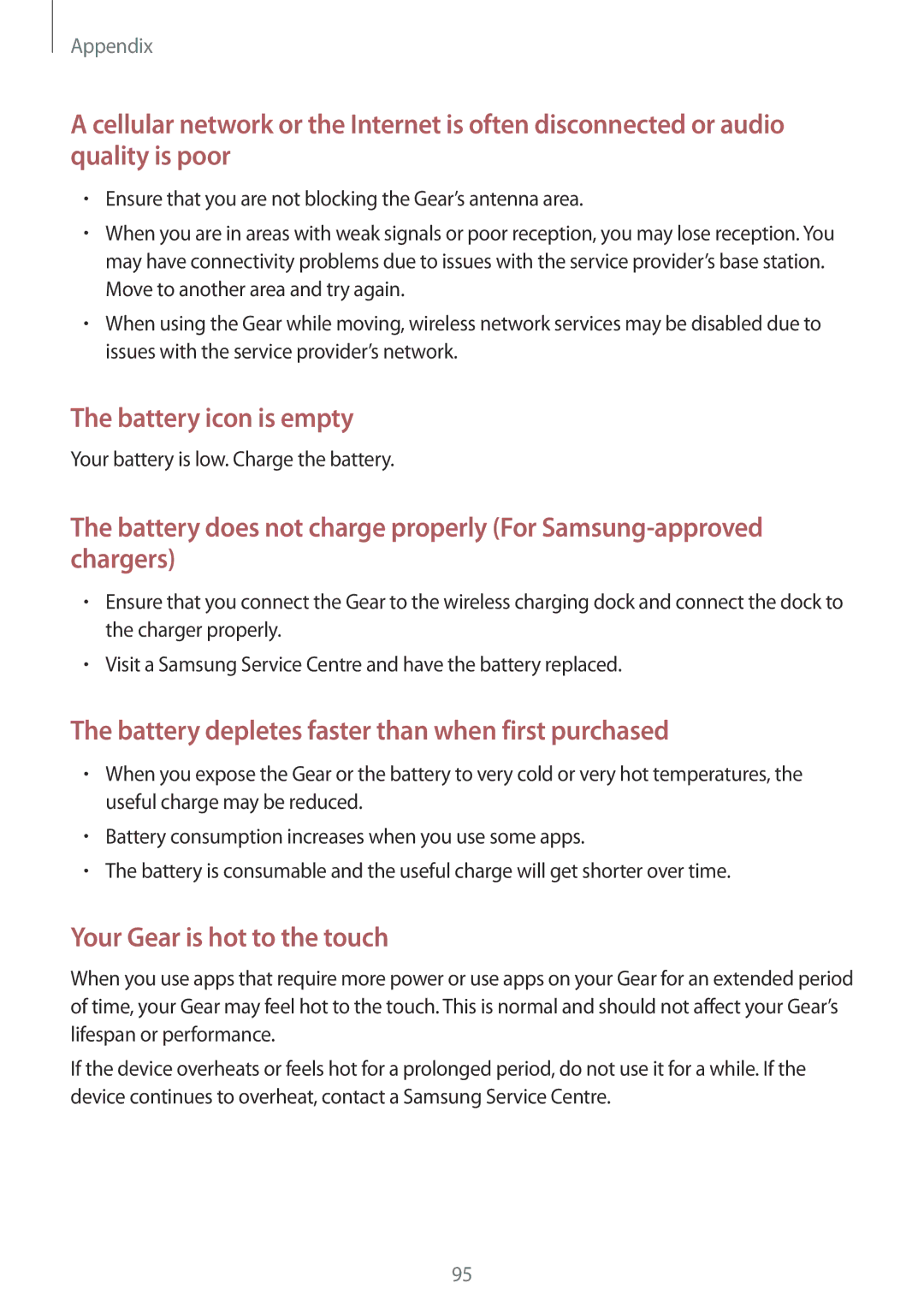 Samsung SM-R770NZSAILO manual Battery depletes faster than when first purchased, Your battery is low. Charge the battery 