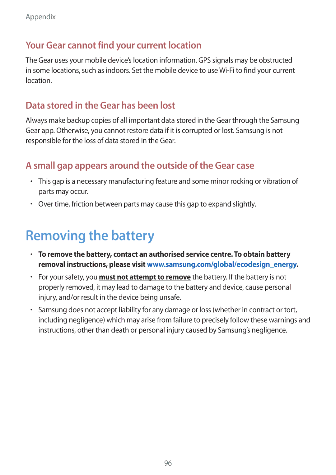 Samsung SM-R770NZSAXJP, SM-R770NZSAKSA, SM-R770NZSAXXV Removing the battery, Your Gear cannot find your current location 