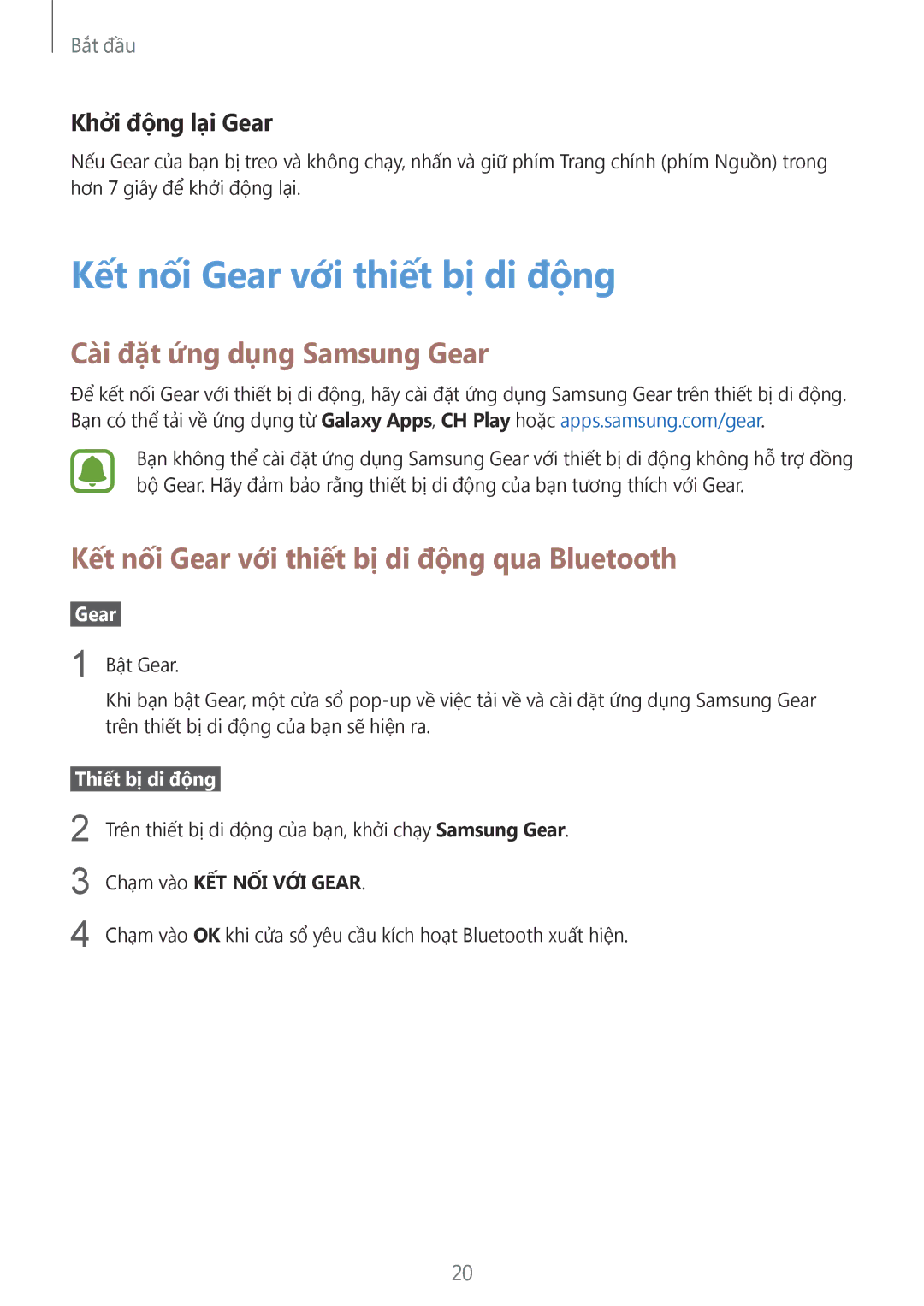 Samsung SM-R770NZSAXXV manual Kết nối Gear với thiết bị di động, Cài đặt ứng dụng Samsung Gear, Khởi động lại Gear 