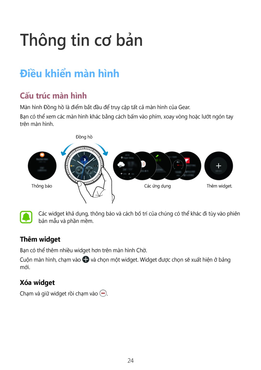 Samsung SM-R770NZSAXXV manual Điều khiển màn hình, Cấu trúc màn hình, Thêm widget, Xóa widget 