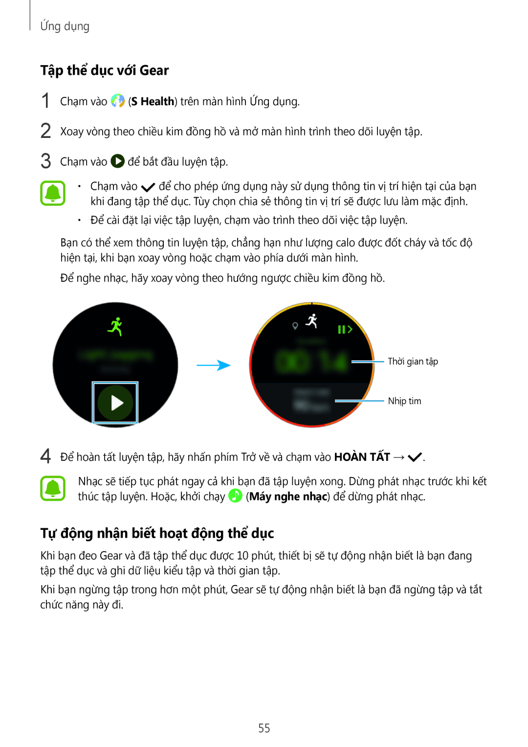 Samsung SM-R770NZSAXXV manual Tập thể dục với Gear, Tự động nhận biết hoạt động thể dục 