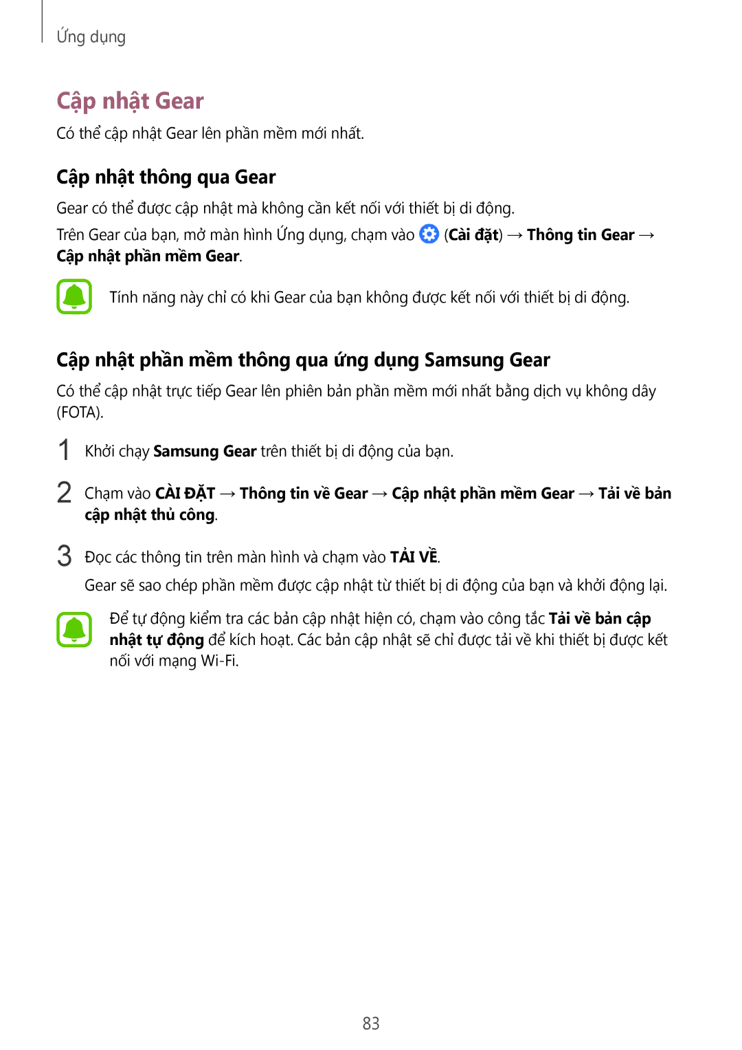 Samsung SM-R770NZSAXXV manual Cập nhật Gear, Cập nhật thông qua Gear, Cập nhật phần mềm thông qua ứng dụng Samsung Gear 