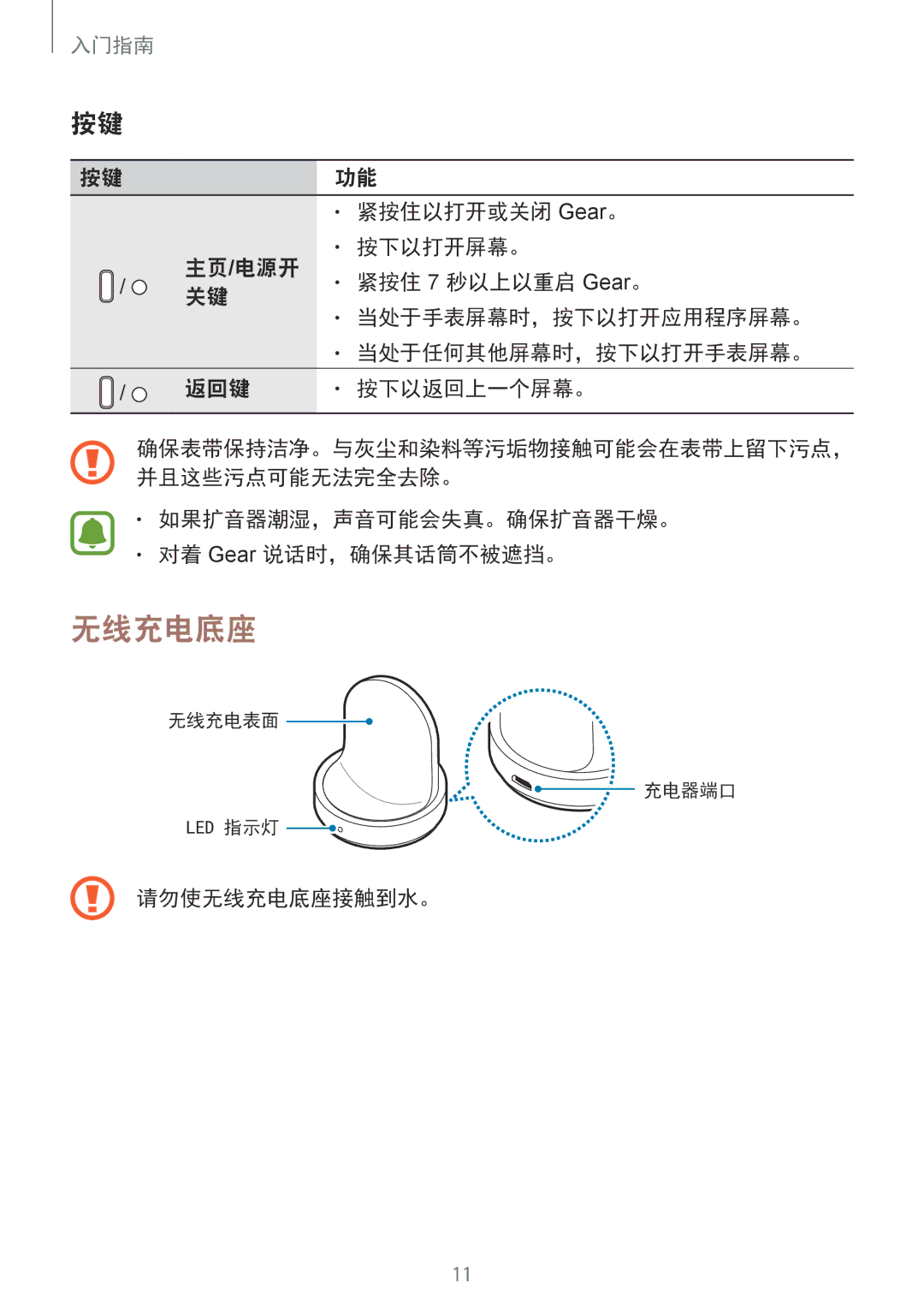 Samsung SM-R770NZSAXXV manual 紧按住以打开或关闭 Gear。, 如果扩音器潮湿，声音可能会失真。确保扩音器干燥。 对着 Gear 说话时，确保其话筒不被遮挡。, 请勿使无线充电底座接触到水。 