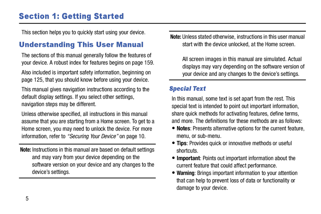 Samsung SM-T110NYKAXAR, SM/T110NYKAX, SMT110NYKAXAR, SMT110NDWAXAR user manual Getting Started, Special Text 