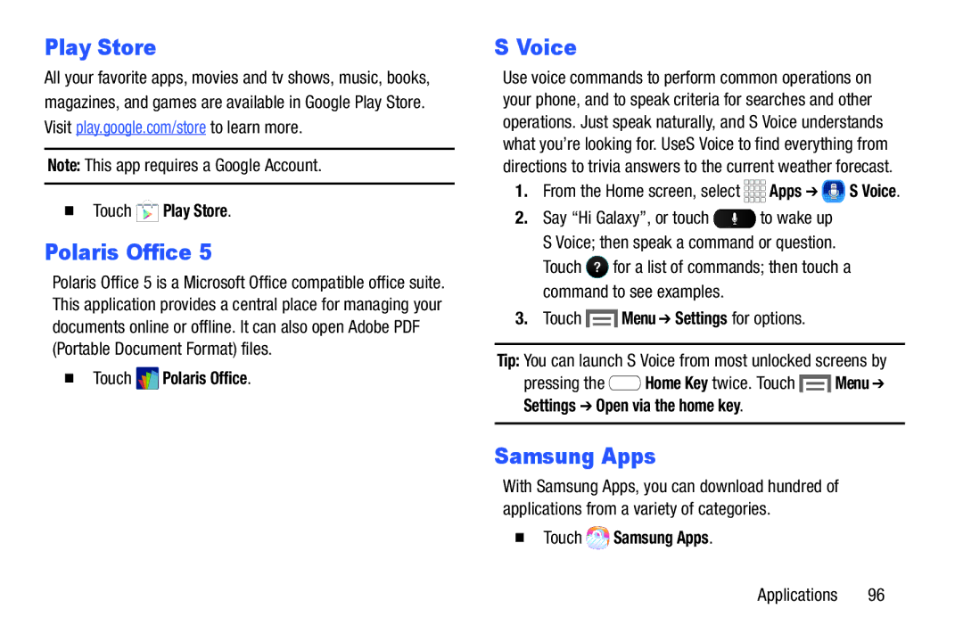 Samsung SM-T110NYKAXAR, SM/T110NYKAX, SMT110NYKAXAR, SMT110NDWAXAR user manual Play Store, Polaris Office, Voice, Samsung Apps 