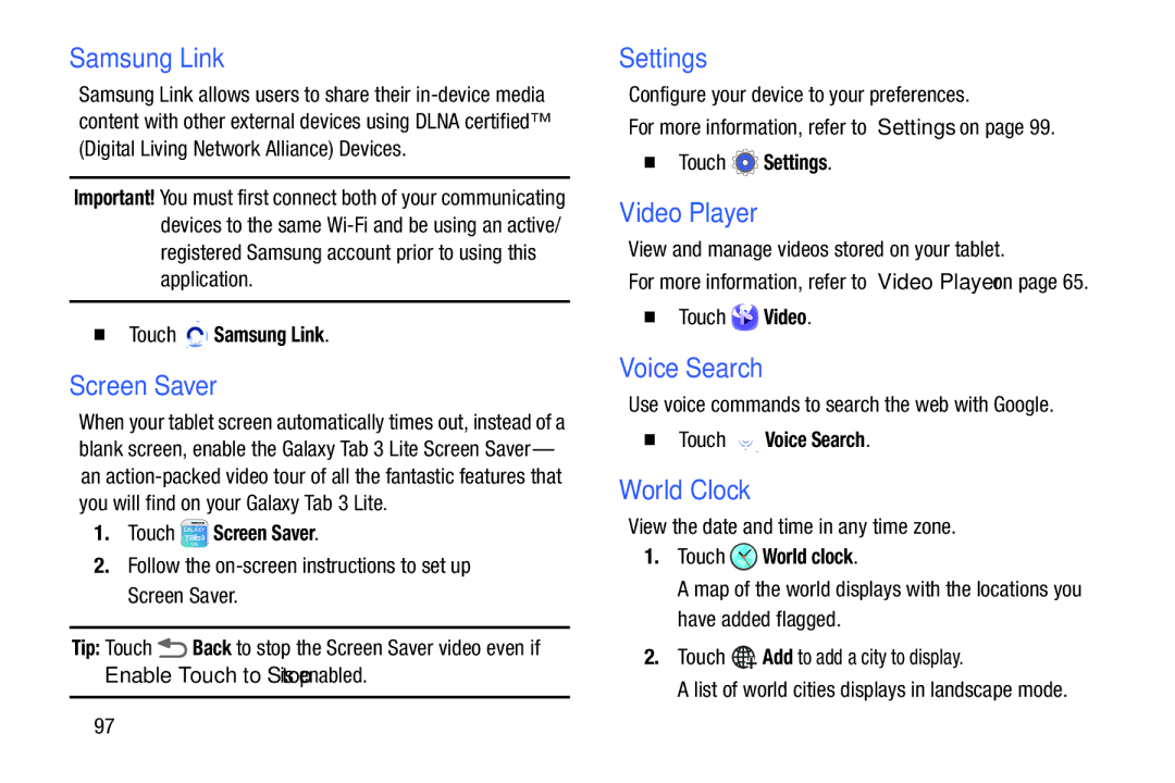 Samsung SM/T110NYKAX, SM-T110NYKAXAR, SMT110NYKAXAR Samsung Link, Screen Saver, Settings, Voice Search, World Clock 