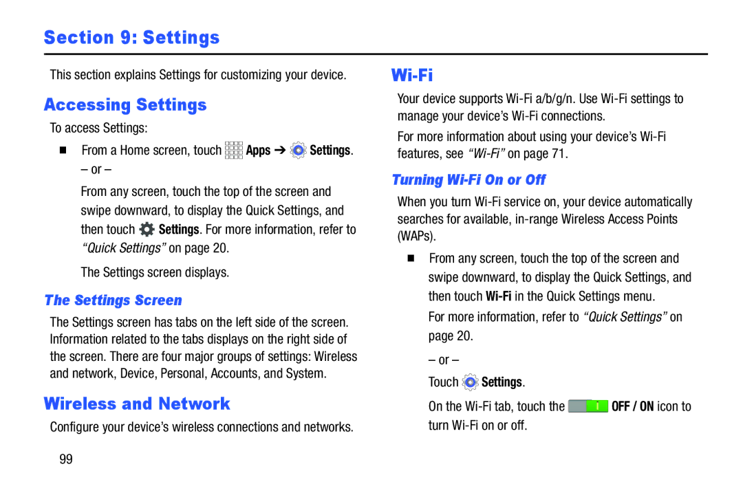 Samsung SMT110NDWAXAR, SM-T110, SM/T110NYKAX Accessing Settings, Wireless and Network, Settings Screen, Touch Settings 