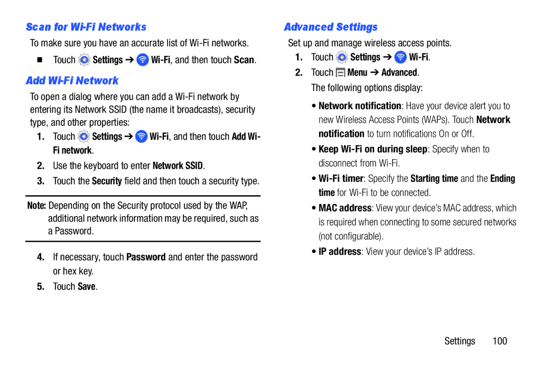 Samsung SM-T110NYKAXAR user manual Scan for Wi-Fi Networks, Add Wi-Fi Network, Advanced Settings, Touch Settings Wi-Fi 