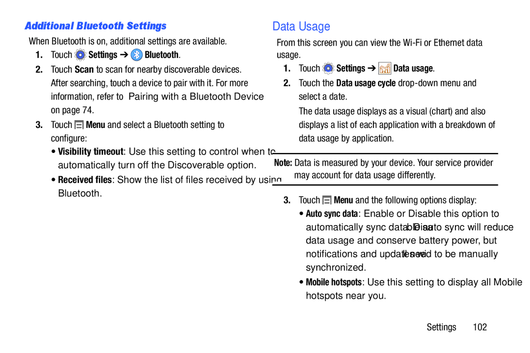 Samsung SM/T110NYKAX, SM-T110NYKAXAR, SMT110NYKAXAR Data Usage, Additional Bluetooth Settings, Touch Settings Bluetooth 