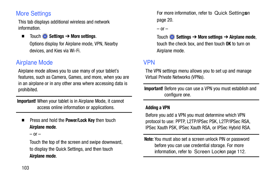 Samsung SMT110NYKAXAR, SM-T110 user manual More Settings, Airplane Mode,  Touch Settings More settings, Adding a VPN, 103 