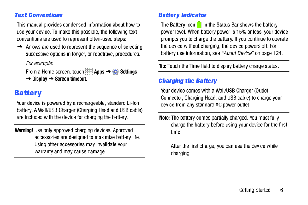 Samsung SM-T110NYKAXAR, SM/T110NYKAX Text Conventions, Battery Indicator, Charging the Battery, Display Screen timeout 