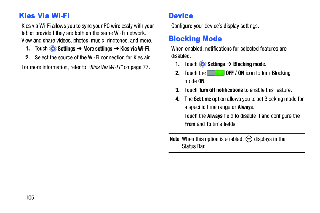 Samsung SM-T110 user manual Device, Blocking Mode, Configure your device’s display settings, Touch Settings Blocking mode 