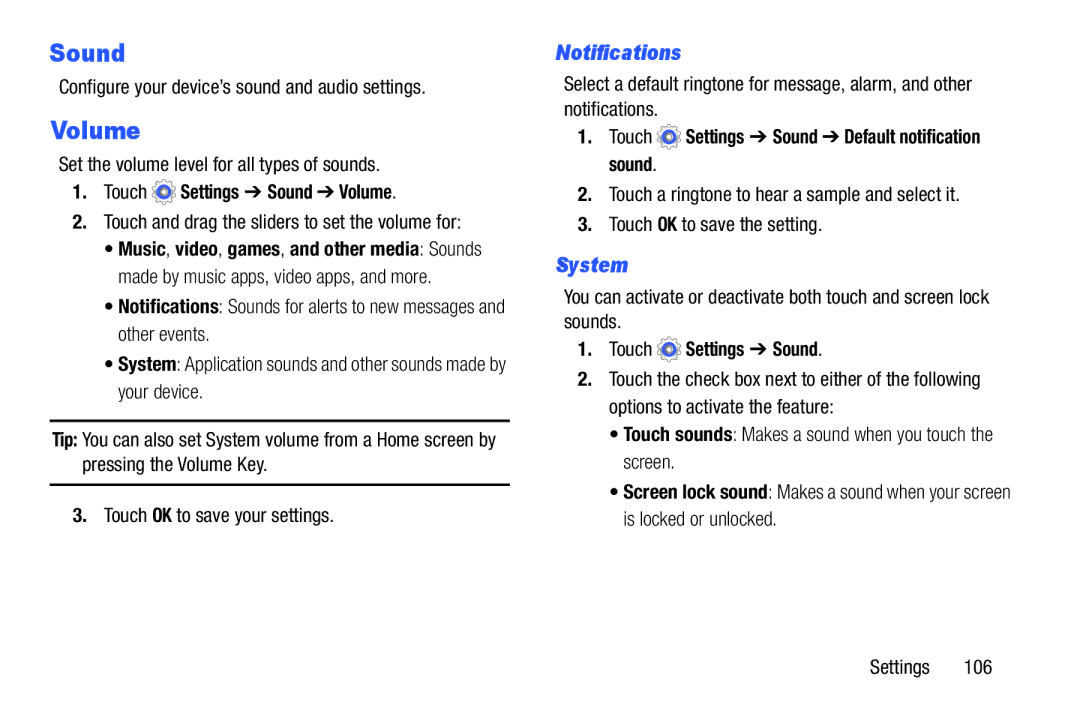 Samsung SM-T110NYKAXAR, SM/T110NYKAX, SMT110NYKAXAR, SMT110NDWAXAR user manual Sound, Volume, Notifications, System 