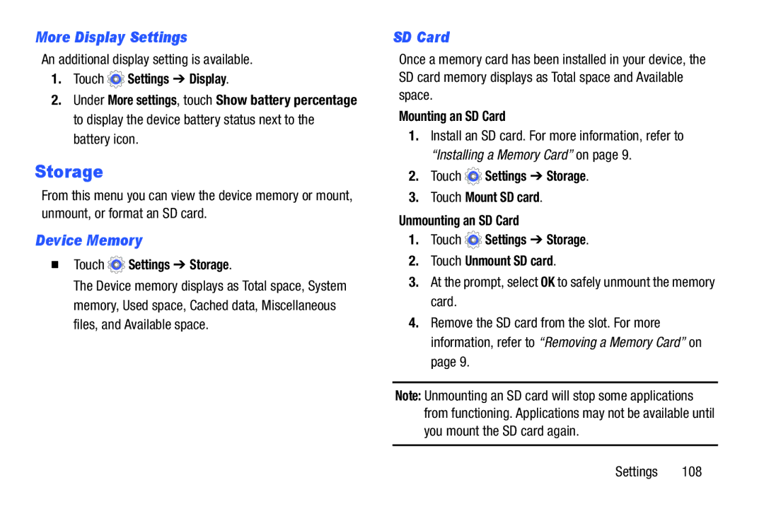 Samsung SMT110NYKAXAR, SM-T110NYKAXAR, SM/T110NYKAX, SMT110NDWAXAR Storage, More Display Settings, Device Memory, SD Card 