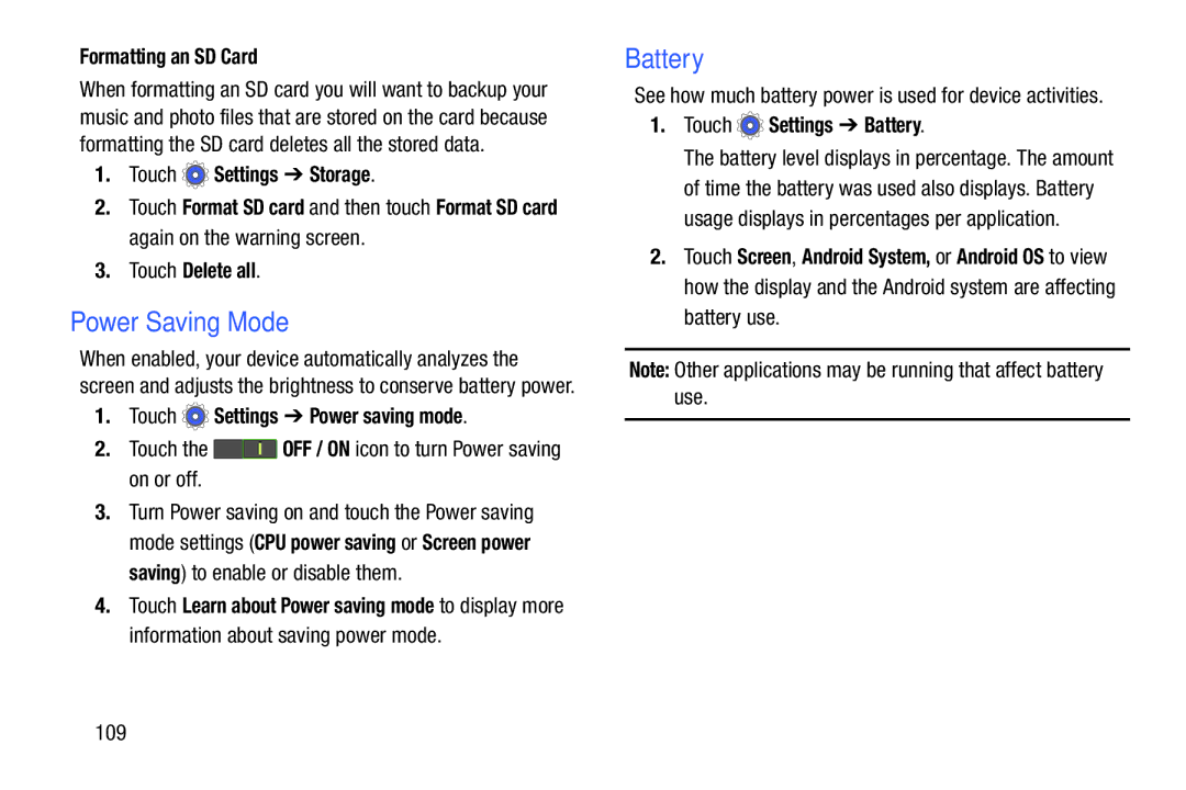 Samsung SMT110NDWAXAR, SM-T110NYKAXAR, SM/T110NYKAX, SMT110NYKAXAR user manual Power Saving Mode 