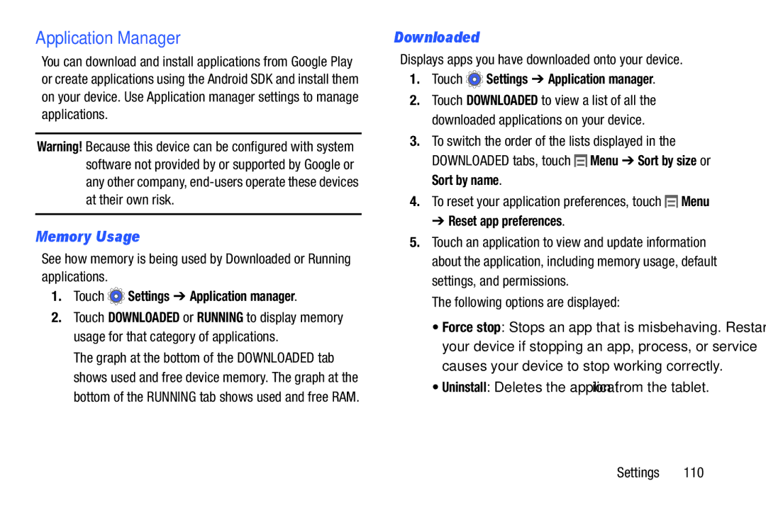 Samsung SM-T110 Application Manager, Memory Usage, Downloaded, Touch Settings Application manager, Reset app preferences 