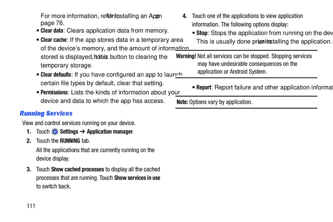 Samsung SM-T110NYKAXAR, SM/T110NYKAX Running Services, For more information, refer to Uninstalling an App on, 111 