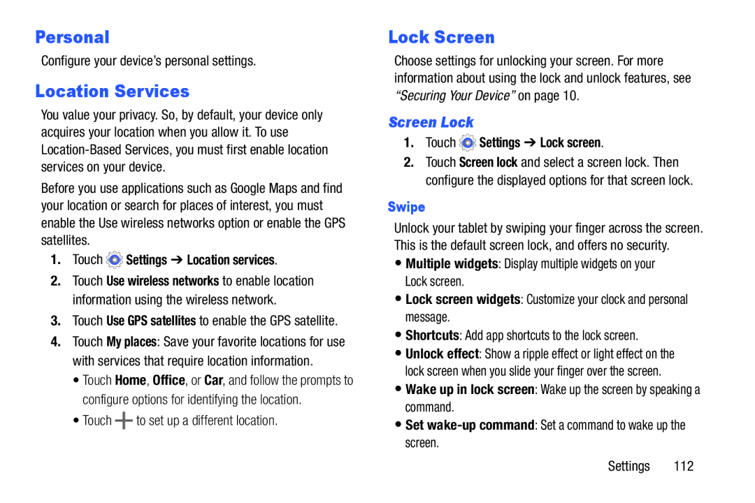 Samsung SM/T110NYKAX, SM-T110NYKAXAR, SMT110NYKAXAR Personal, Location Services, Lock Screen, Screen Lock, Swipe 