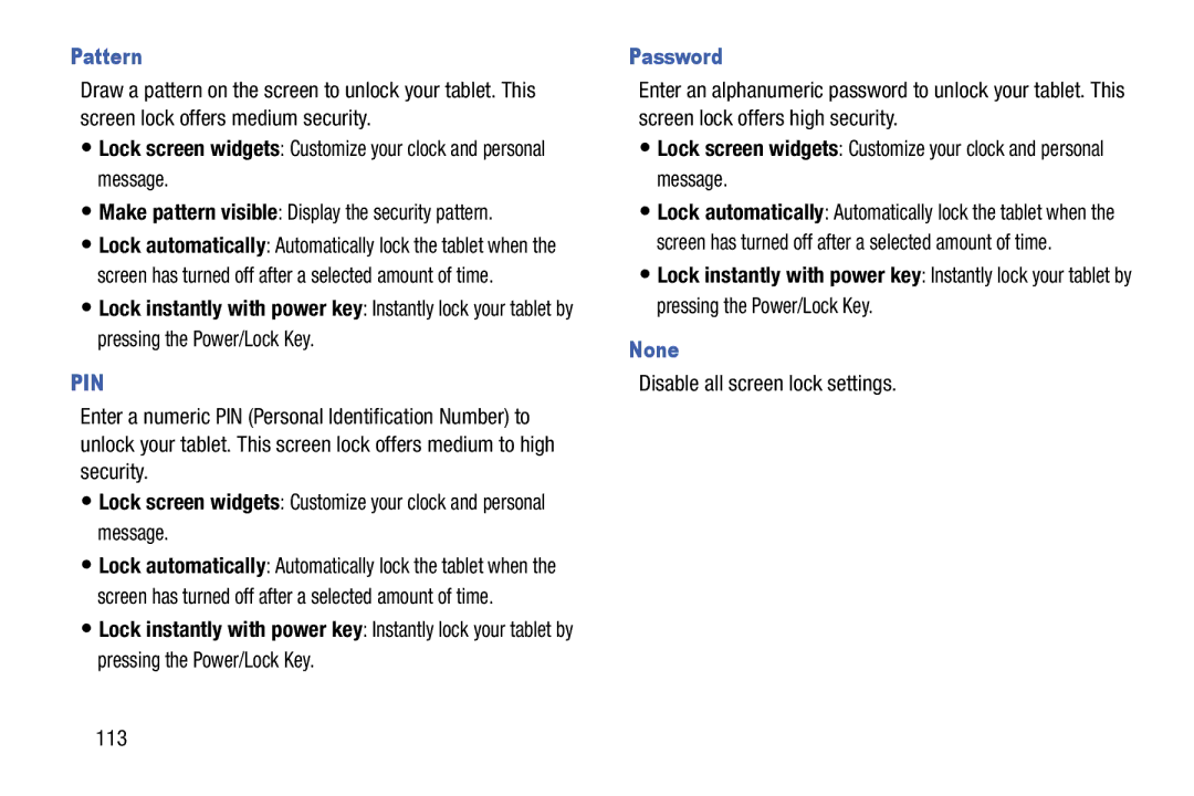 Samsung SMT110NYKAXAR, SM-T110NYKAXAR Pattern, Make pattern visible Display the security pattern, Password, None 