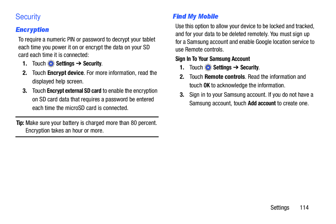 Samsung SMT110NDWAXAR, SM-T110NYKAXAR, SM/T110NYKAX user manual Encryption, Find My Mobile, Touch Settings Security 