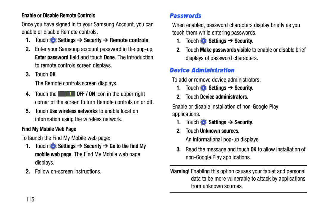 Samsung SM-T110NYKAXAR, SM/T110NYKAX, SMT110NYKAXAR, SMT110NDWAXAR user manual Passwords, Device Administration 