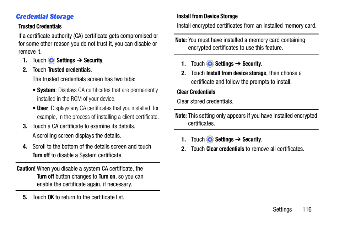 Samsung SM-T110NYKAXAR Credential Storage, Trusted Credentials, Touch Settings Security Touch Trusted credentials 