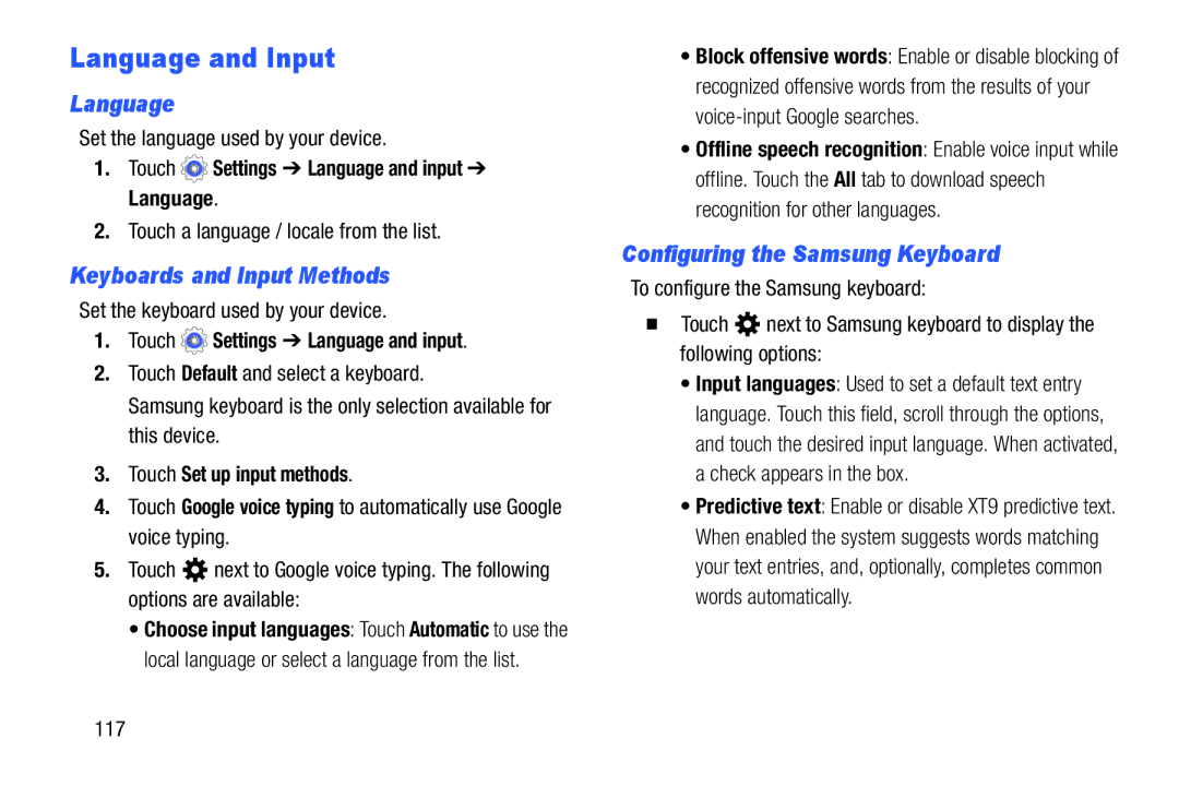 Samsung SM/T110NYKAX, SM-T110 user manual Language and Input, Keyboards and Input Methods, Configuring the Samsung Keyboard 