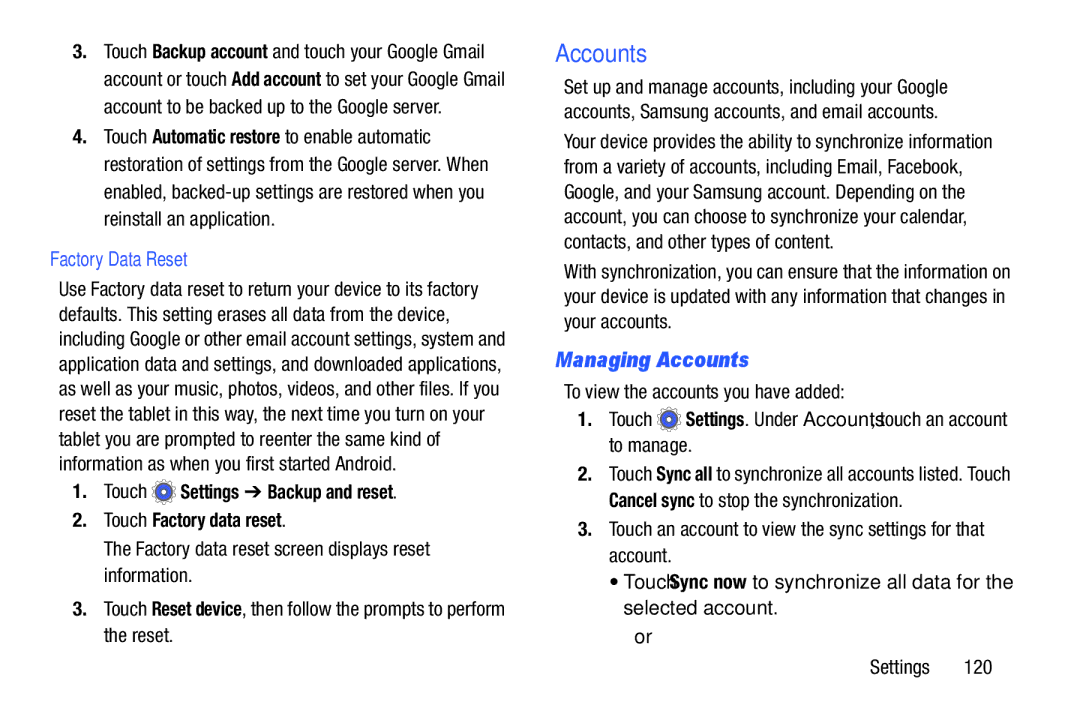 Samsung SM-T110 user manual Managing Accounts, Factory Data Reset, Touch Settings Backup and reset Touch Factory data reset 
