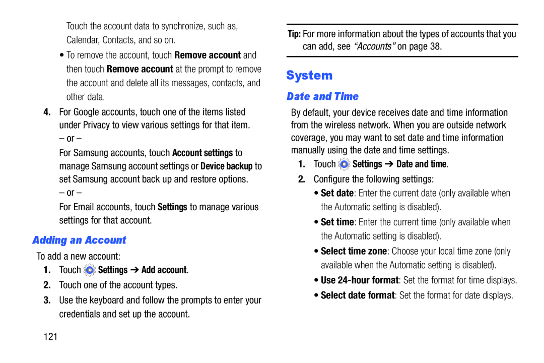 Samsung SM-T110NYKAXAR, SM/T110NYKAX, SMT110NYKAXAR System, Adding an Account, Date and Time, Touch Settings Date and time 