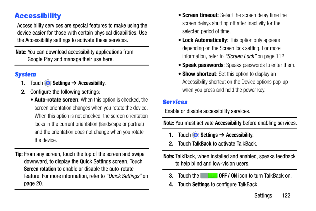 Samsung SM/T110NYKAX, SM-T110 Services, Touch Settings Accessibility, Enable or disable accessibility services 