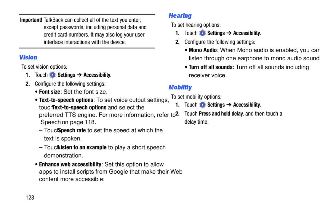 Samsung SMT110NYKAXAR, SM-T110NYKAXAR, SM/T110NYKAX, SMT110NDWAXAR user manual Vision, Hearing, Mobility 