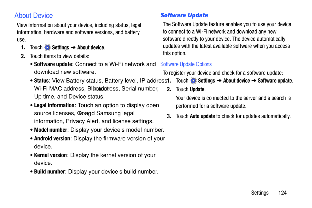 Samsung SMT110NDWAXAR, SM-T110 About Device, Touch Settings About device, Software Update Options, Touch Update 