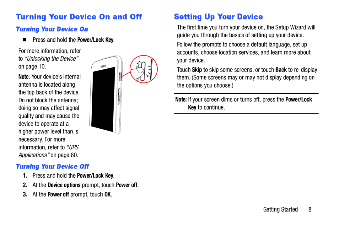 Samsung SMT110NYKAXAR, SM-T110 user manual Turning Your Device On and Off, Setting Up Your Device, Turning Your Device Off 