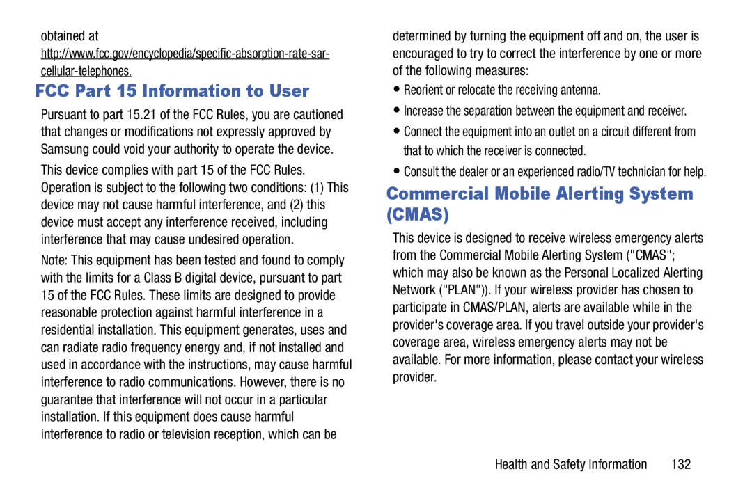 Samsung SM/T110NYKAX, SM-T110 FCC Part 15 Information to User, Commercial Mobile Alerting System Cmas, Obtained at, 132 