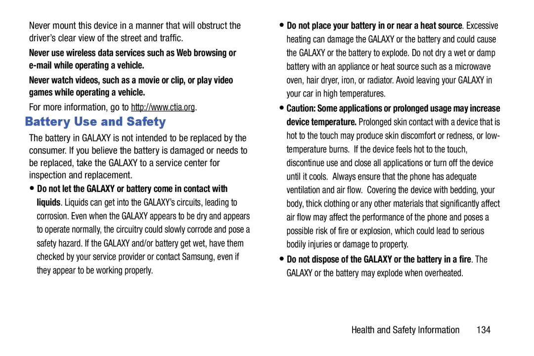 Samsung SMT110NDWAXAR, SM-T110NYKAXAR, SM/T110NYKAX, SMT110NYKAXAR user manual Battery Use and Safety, 134 