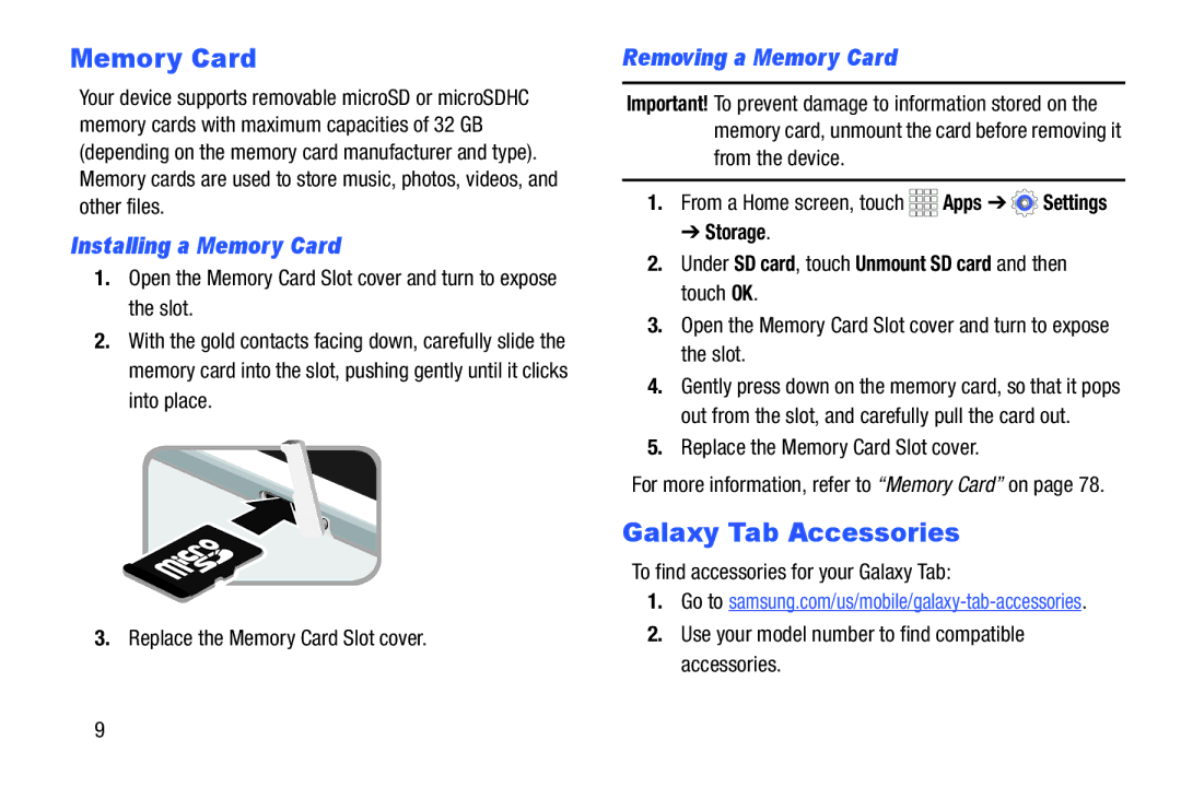 Samsung SMT110NDWAXAR, SM-T110NYKAXAR Galaxy Tab Accessories, Installing a Memory Card, Removing a Memory Card 